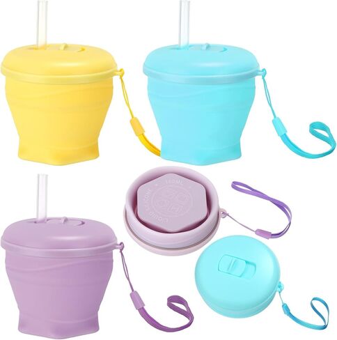 Patelai 3 Pack Silicone Collapsible Travel Cups with Straws 6oz Foldable Water Cup Bpa-free Folding Camping Mug Small Portable Drinking Cup with Lid for Travel Hiking Summer Outdoors in Saudi Arabia