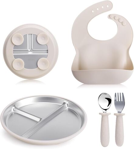 Stainless Steel Kids Plates & Spoon Set with Silicone Bibs–9"Divided Toddler Plates with Removable Suction Cups,Non-Toxic & BPA Free,Non Slip,Dishwasher Safe,Unbreakable baby plates(blue) in Saudi Arabia