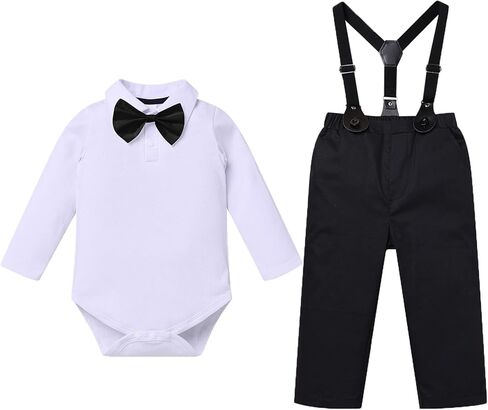 Baby Boy Clothes Suit Newborn Infant Gentleman Wedding Outfits Formal Dress Shirt+Bowtie+Suspender Pants 0-18M in Kuwait