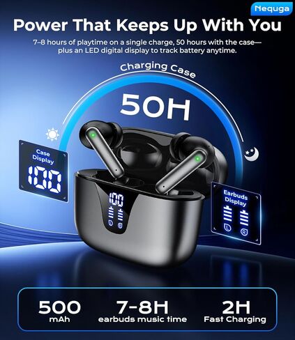 Wireless Earbuds Bluetooth Headphones, 50H Playtime Ear Buds with Mic, LED Digital Display Charging Case, IPX7 Waterproof, Deep Bass Stereo, in-Ear Earphone for iPhone Andriod Phone in Saudi Arabia