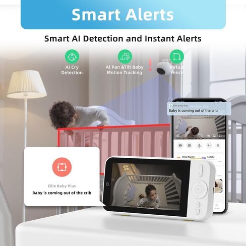شاشة 5 بوصات مع كاميرا 2.5K FHD، رؤية ليلية، صوت ثنائي الاتجاه، تكبير/تصغير قابل للإمالة، سرير أطفال وحامل على الحائط من الداخل، بدون WiFi، بدون اشتراك، مع تطبيق in Kuwait