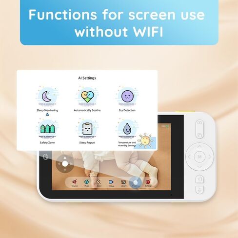 شاشة 5 بوصات مع كاميرا 2.5K FHD، رؤية ليلية، صوت ثنائي الاتجاه، تكبير/تصغير قابل للإمالة، سرير أطفال وحامل على الحائط من الداخل، بدون WiFi، بدون اشتراك، مع تطبيق in Kuwait