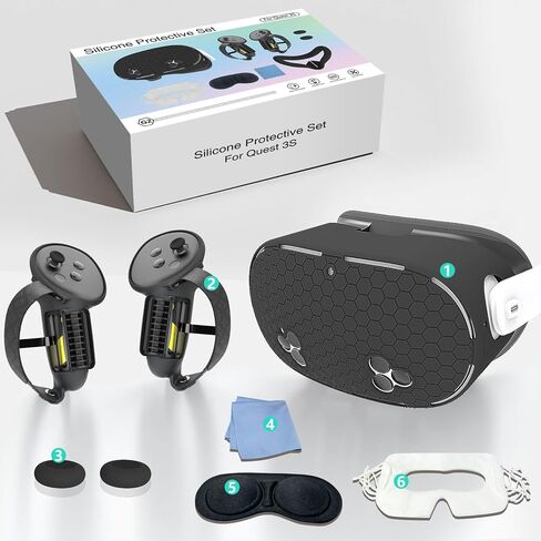 7in1 VR Silicone Cover Set Accessories Compatible with Meta/Oculus Quest 3s Included Upgrade Battery Opening Controller Grips, Headset Shell Cover Silicone Face Cover (Black) in Saudi Arabia