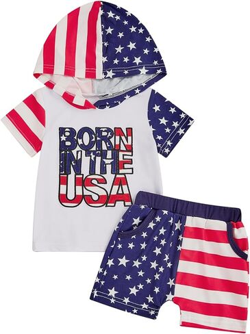 4th of July Toddler Boy Outfit Short Sleeve Hooded Top Elastic Baby Shorts Set Independence Day Clothes in Saudi Arabia