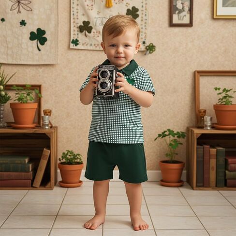 Toddler Baby Boy St Patricks Day Outfit Short Sleeve Lucky Clover Print Shirt Shorts Set Summer Clothes 2Pcs in Saudi Arabia