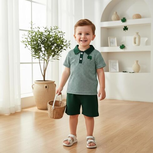 Toddler Baby Boy St Patricks Day Outfit Short Sleeve Lucky Clover Print Shirt Shorts Set Summer Clothes 2Pcs in Saudi Arabia