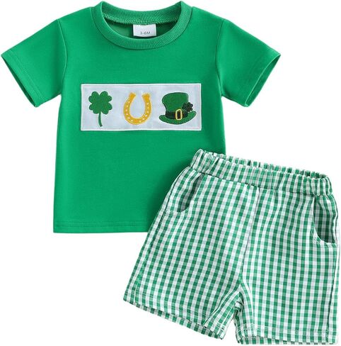 Toddler Baby Boy St Patricks Day Outfit Short Sleeve Lucky Clover Print Shirt Shorts Set Summer Clothes 2Pcs in Saudi Arabia