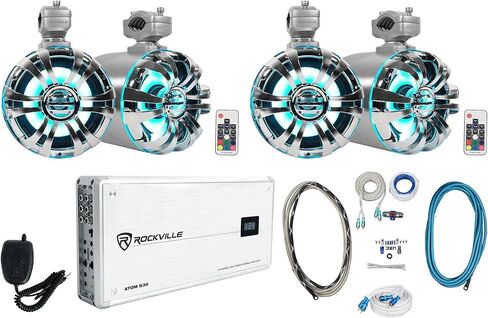 حزمة Rockville WB65KLED: (4) 6.5 بوصة 300 واط الذروة / 150 واط RMS Metal Marine Wakeboard LED مكبرات صوت برجية LED مع جهاز تحكم عن بعد، Atom S30 4-Channel Marine Amplifier، RMWK4 Amp Kit، كابل MRCA25 RCA، 7 عناصر in Saudi Arabia