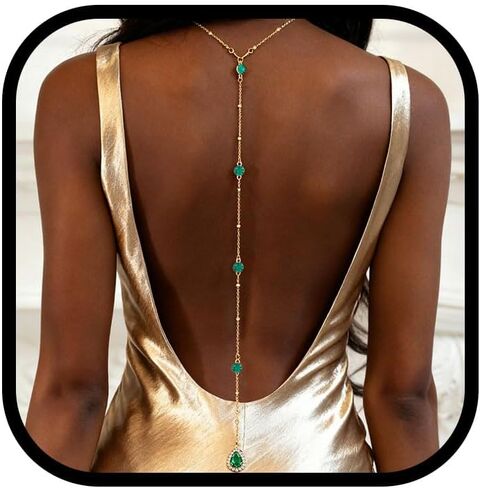Bounzhi Gold Sexy Rhinestone Back Necklace Crystal Dropback Body Chain Y Long Chain Wedding Body Jewelry for Women and Brides in Saudi Arabia