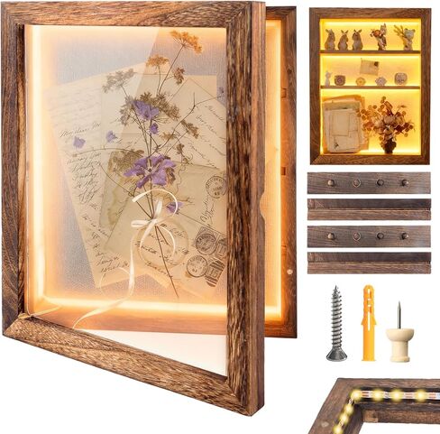 صندوق الظل مقاس 14 × 11 حافظات عرض إطارات الصور السوداء مع ضوء LED، وصناديق تذكارات الذاكرة مع 4 أرفف حلية قابلة للإزالة، للاحتفال بالذكرى السنوية لحفلات الزفاف وخريجي الأطفال التذكارية القديمة المتعثرة in Kuwait