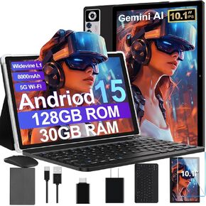 2025 تابلت أندرويد 15 مع لوحة مفاتيح | Gemini AI، أجهزة لوحية إلكترونية ثماني النواة بسعة 30 جيجابايت + 128 جيجابايت مع شاشة IPS HD مقاس 10 بوصات، 8000 مللي أمبير في الساعة، 5 جيجا واي فاي، توسيع 1 تيرابايت، ماوس + حافظة، BT 5.0، Widevine L1، هيكل معدني - in Kuwait