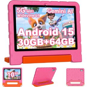 تابلت 2025 للأطفال مقاس 10 بوصات Android 15 للأطفال ثماني النواة، 30 جيجابايت + 64 جيجابايت (TF 1 تيرابايت)، جهاز لوحي للأطفال الصغار مع حافظة مقاومة للصدمات، 5G WiFi، التحكم الأبوي، Widevine L1، Gemini AI، شاشة مقسمة، BT5.0-أزرق in Kuwait