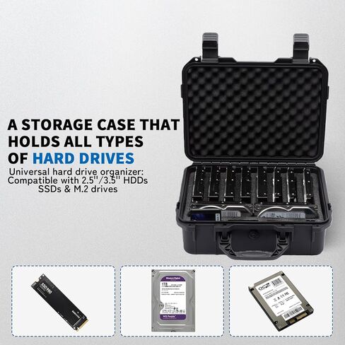 Hard Drive Case 3.5inch 10-Bay Multi-Protection HDD Storage Box Suitcase with Foam External Hard Drive Carrying Case Anti-Static Shock Moisture Proof for HDD/SSD/M.2 in Kuwait