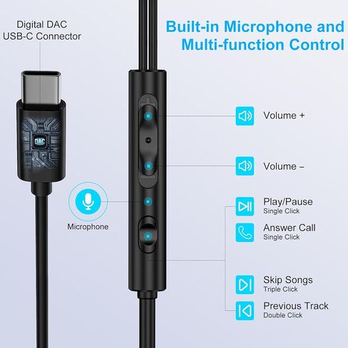 سماعات أذن سلكية USB C لهاتف Galaxy S25 S24 Ultra/S24 FE/S23/S22/S21/S20، سماعات رأس سلكية من النوع C مع ميكروفون لسماعات iPhone 16/16 Pro/16 Pro Max/16 Plus/15، iPad Pro، Pixel 9 8 7، One Plus9 in Kuwait