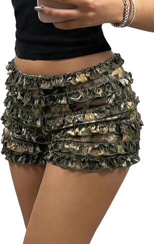 SHENHE Women's Camo Print Shorts Y2K Low Rise Ruffle Bloomers Mini Micro Shorts in Saudi Arabia