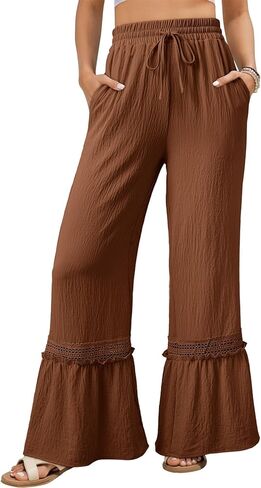 Dokotoo Women's Pants Causal High Waisted Wide Leg Pants Woman Loose Drawstrings Lace Trousers with Pockets in Saudi Arabia