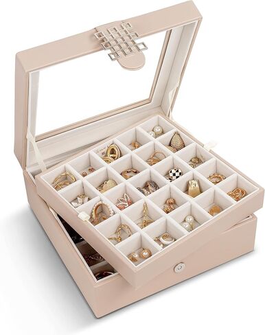 Glenor Co Earring Organizer - Classic 50 Section Jewelry Box/Case/Holder for Earrings, Rings, Necklaces, Jewelry, Cufflinks or Collections -2 Layer Small Compartments with Large Glass Top - Grey in Saudi Arabia