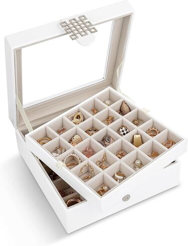 Glenor Co Earring Organizer - Classic 50 Section Jewelry Box/Case/Holder for Earrings, Rings, Necklaces, Jewelry, Cufflinks or Collections -2 Layer Small Compartments with Large Glass Top - Grey in Saudi Arabia