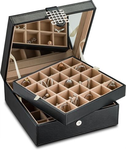 Glenor Co Earring Organizer - Classic 50 Section Jewelry Box/Case/Holder for Earrings, Rings, Necklaces, Jewelry, Cufflinks or Collections -2 Layer Small Compartments with Large Glass Top - Grey in Saudi Arabia