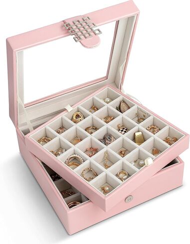 Glenor Co Earring Organizer - Classic 50 Section Jewelry Box/Case/Holder for Earrings, Rings, Necklaces, Jewelry, Cufflinks or Collections -2 Layer Small Compartments with Large Glass Top - Grey in Saudi Arabia