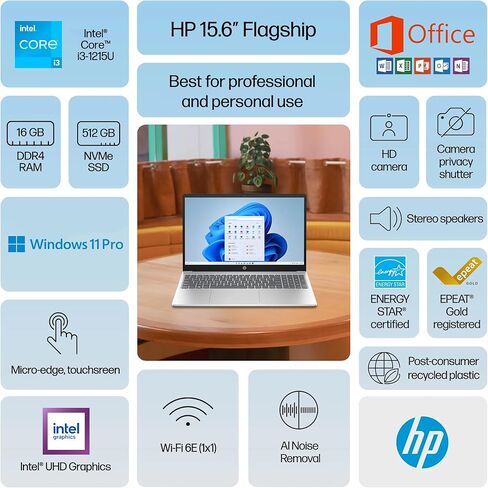 HP 2025 Business 15.6" HD Touch Laptop, 6-Core Intel i3 Processor (Upto 4.4GHz), 16GB RAM, 1TB Storage (512GB SSD+500GB Ext), Long Battery, MarxsolAccessory, Lifetime Microsoft Office, Win 11 Pro in Saudi Arabia