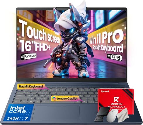 كمبيوتر محمول Lenovo IdeaPad بشاشة تعمل باللمس - 16 بوصة FHD+(1920X1200) - Intel 10-Core 7 240H(Beat Ultra 7 255U) - كاميرا IR لتسجيل الدخول بالوجه - لوحة مفاتيح بإضاءة خلفية - Win 11 Pro - حزمة Redragon (32 جيجابايت DDR5 | 1 تيرابايت SSD) in Kuwait