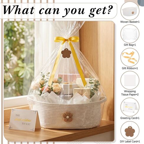 Empty Flower Gift Basket with Gift Bag, Ribbon, Tissue Paper, Card, Tag, 14" x 10" x 5.5" Woven Cotton Basket, Decorative Storage for Organizer‌, Gifts, Baby Shower, Wedding, Birthday in Saudi Arabia
