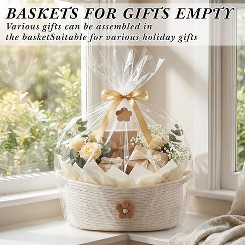 Empty Flower Gift Basket with Gift Bag, Ribbon, Tissue Paper, Card, Tag, 14" x 10" x 5.5" Woven Cotton Basket, Decorative Storage for Organizer‌, Gifts, Baby Shower, Wedding, Birthday in Saudi Arabia