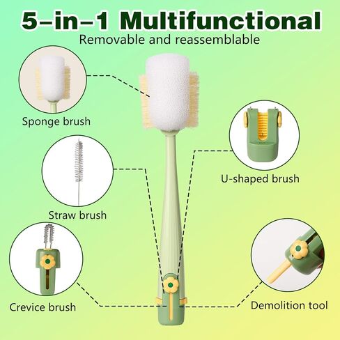 5-in-1 Bottle Cleaning Brush Set,Multifunctional Bottle Brush Cleaner,Bottle Brush Set,Long Handle Water Bottle Cleaner Brush,Straw Cleaner Brushs for Bottles Tumblers Glass Cups (Yellow+Green) in Saudi Arabia