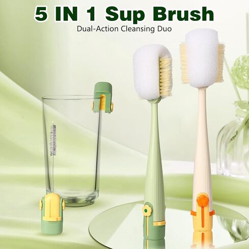 5-in-1 Bottle Cleaning Brush Set,Multifunctional Bottle Brush Cleaner,Bottle Brush Set,Long Handle Water Bottle Cleaner Brush,Straw Cleaner Brushs for Bottles Tumblers Glass Cups (Yellow+Green) in Saudi Arabia