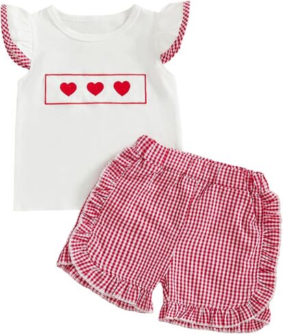 Toddler Baby Girl Valentines Day Outfit Heart Embroidery Flutter Sleeve Smocked T Shirt and Plaid Ruffle Shorts Set in Saudi Arabia