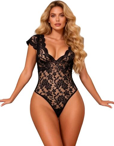 Womens Deep V 3D Lace Bodysuit White Lingerie One Piece with Snap Crotch Plus Size Teddy Short Sleeve Nightwear in Saudi Arabia