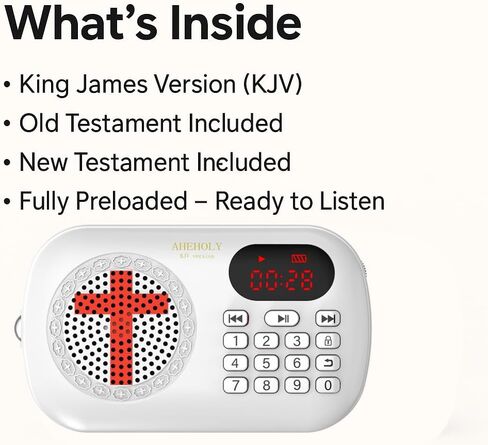Portable Audio Bible Player, KJV Scripture Audio Device, Offline Rechargeable, Simple Button Design, White in Saudi Arabia