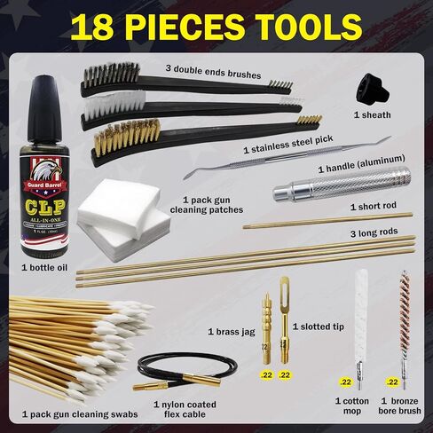 طقم تنظيف مسدسات .22 .223Cal 5.56 مم .22LR طقم تنظيف مسدس بندقية مع زيت تنظيف مسدس 3 مل، مسحات تنظيف، فرشاة تجويف برونزية ومحول نحاسي مع حقيبة محمولة in Kuwait