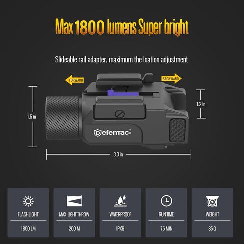 DEFENTAC 1800 Lumens Slidable Pistol Light with Quick Release, Rechargeable Tactical Flashlight with Strobe/Momentary for Guns with Pic-Rail (Not for Subcompact) in Saudi Arabia