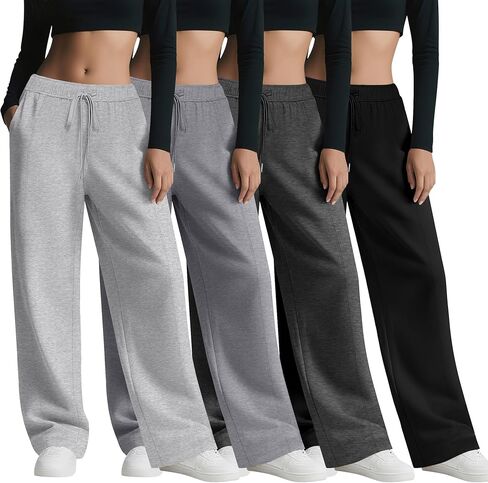 4 Pack Women's Wide Leg Sweatpants, Baggy Straight Elastic Waist Drawstring Multipack Lounge Trousers with Pockets in Saudi Arabia