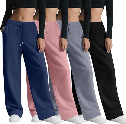 4 Pack Women's Wide Leg Sweatpants, Baggy Straight Elastic Waist Drawstring Multipack Lounge Trousers with Pockets in Saudi Arabia