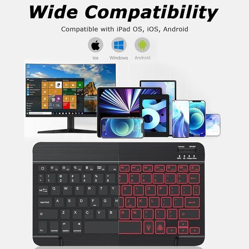 لوحة مفاتيح بلوتوث لجهاز iPad، 7 ألوان بإضاءة خلفية، لوحة مفاتيح لاسلكية قابلة لإعادة الشحن 10 بوصة لأجهزة iPad الجيل 10/9/8، iPhone، الكمبيوتر اللوحي، الهاتف الذكي iOS Android Windows Computer in Kuwait