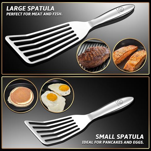 Stainless Steel Fish Spatula Set – 1 Large Fish Turner + 1 Small Metal Spatula, Ultra Thin Edge for Easy Turning & Flipping, Metal Kitchen Untensils with Ergonomic Non-Slip Handle, Dishwasher Safe in Kuwait