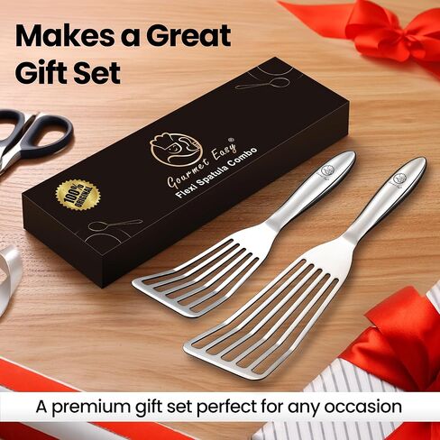 Stainless Steel Fish Spatula Set – 1 Large Fish Turner + 1 Small Metal Spatula, Ultra Thin Edge for Easy Turning & Flipping, Metal Kitchen Untensils with Ergonomic Non-Slip Handle, Dishwasher Safe in Kuwait