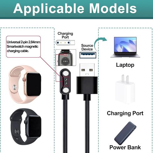 قطعتان من شاحن الساعة الذكية العالمي، كابل شحن USB مغناطيسي 2 دبوس 2.84 مم، سلك شاحن بديل متوافق مع Letsfit، YAMAY، Willful، UMIDIGI، Fitpolo، Blackview، Dirrelo، Lifebee، Hamile in Kuwait