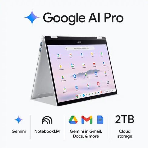 acer Chromebook Plus Spin 514 Laptop w Google AI Pro – 14" WUXGA 1920 x 1080 IPS Touch Display | MediaTek Ultra 910 CPU | 12GB LPDDR5X | 256GB UFS SSD | Wi-Fi 7 | Chrome OS CB514-5HN Platinum Silver in Kuwait