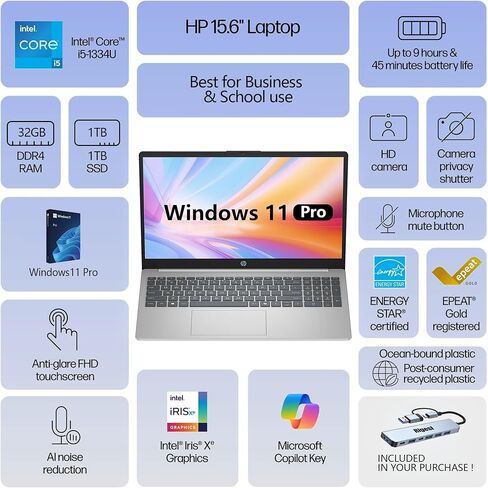 كمبيوتر محمول HP 15.6 بوصة FHD يعمل باللمس، Intel i5، ذاكرة الوصول العشوائي 32 جيجابايت، 1 تيرابايت SSD، Windows 11 Pro، Wi-Fi 6، حزمة كمبيوتر محمول للأعمال الرائدة مع قاعدة إرساء - فضي طبيعي in Saudi Arabia