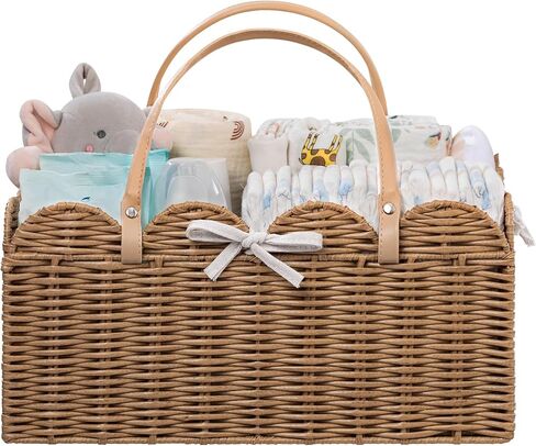 HBlife Baby Diaper Caddy Organizer, Large Portable Scalloped Plastic Wicker Woven Basket with Divider, Nursery Diaper Station, Baby Shower Gifts Basket, Car Organizer, Washable Waterproof in Saudi Arabia