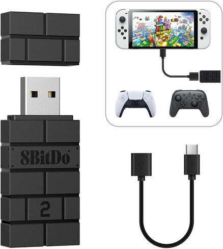 محول USB لاسلكي 8BitDo 2 لـ Switch1/2 وWindows PC وMac وRaspberry Pi، متوافق مع Xbox Series X & S وXbox One Bluetooth وSwitch Pro وPS5 - أسود، كابل OTG in Saudi Arabia