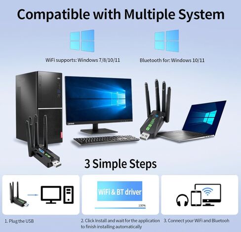 USB WiFi 6 Adapter for PC with Bluetooth 5.4, 900Mbps, AX900 Dual-Band 5G/2.4G, Portable WiFi 6 (IEEE 802.11ax) with 4 High-gain Antennas Works Win 11/10 Driver-Free in Saudi Arabia