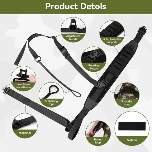 Adjustable Hunting Rifle Sling, Stalker Gun Sling with 6-Hole Shell Holder, Swivels, Velcro and Stabilizing Cord, Durable Gun Strap for Rifle in Kuwait