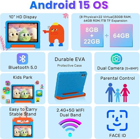 2025 Kids Tablet 10 inch Android 15 Tablets for Kid Octa-Core, 30GB+64GB (TF 1TB), Toddler Tablet with Shockproof Case, 5G WiFi, Parental Control, Widevine L1, Gemini AI, Split Screen, BT5.0-Blue in Saudi Arabia