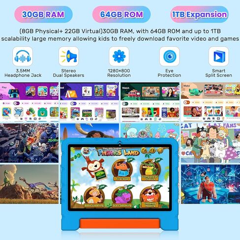 2025 Kids Tablet 10 inch Android 15 Tablets for Kid Octa-Core, 30GB+64GB (TF 1TB), Toddler Tablet with Shockproof Case, 5G WiFi, Parental Control, Widevine L1, Gemini AI, Split Screen, BT5.0-Blue in Saudi Arabia