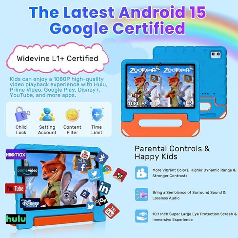 2025 Kids Tablet 10 inch Android 15 Tablets for Kid Octa-Core, 30GB+64GB (TF 1TB), Toddler Tablet with Shockproof Case, 5G WiFi, Parental Control, Widevine L1, Gemini AI, Split Screen, BT5.0-Blue in Saudi Arabia